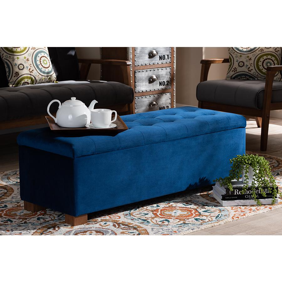 Navy Blue Velvet Fabric Upholstered Grid-Tufted Storage Ottoman Bench. Picture 23