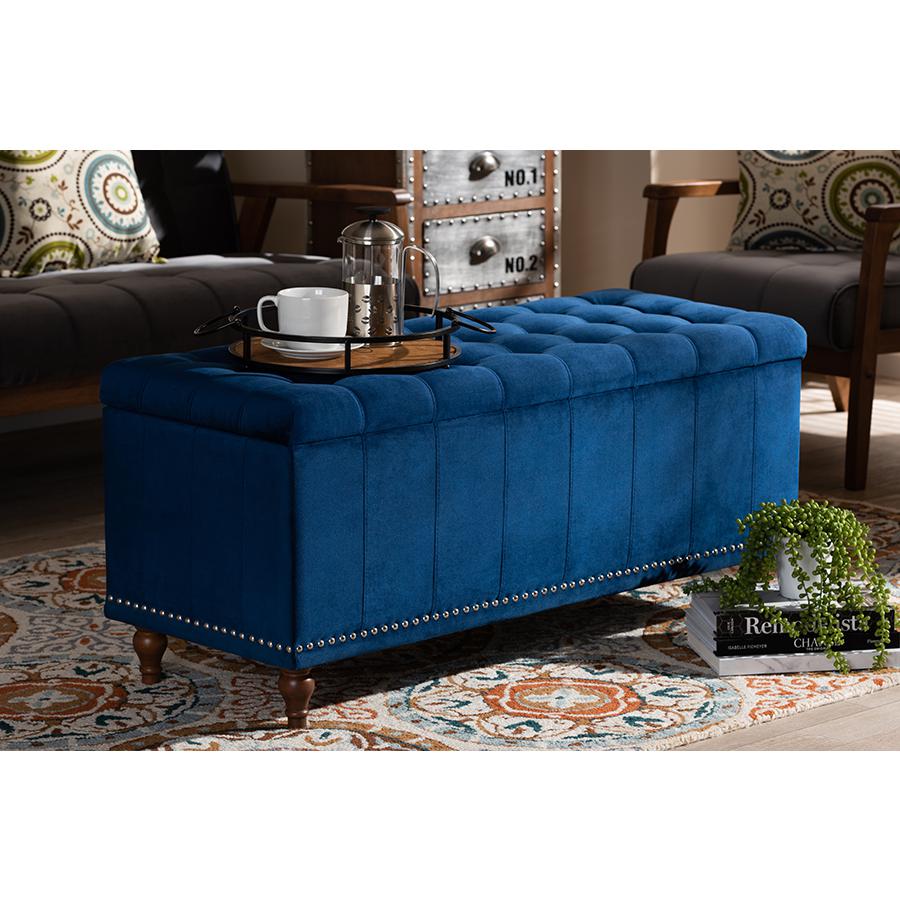 Navy Blue Velvet Fabric Upholstered Button-Tufted Storage Ottoman Bench. Picture 23