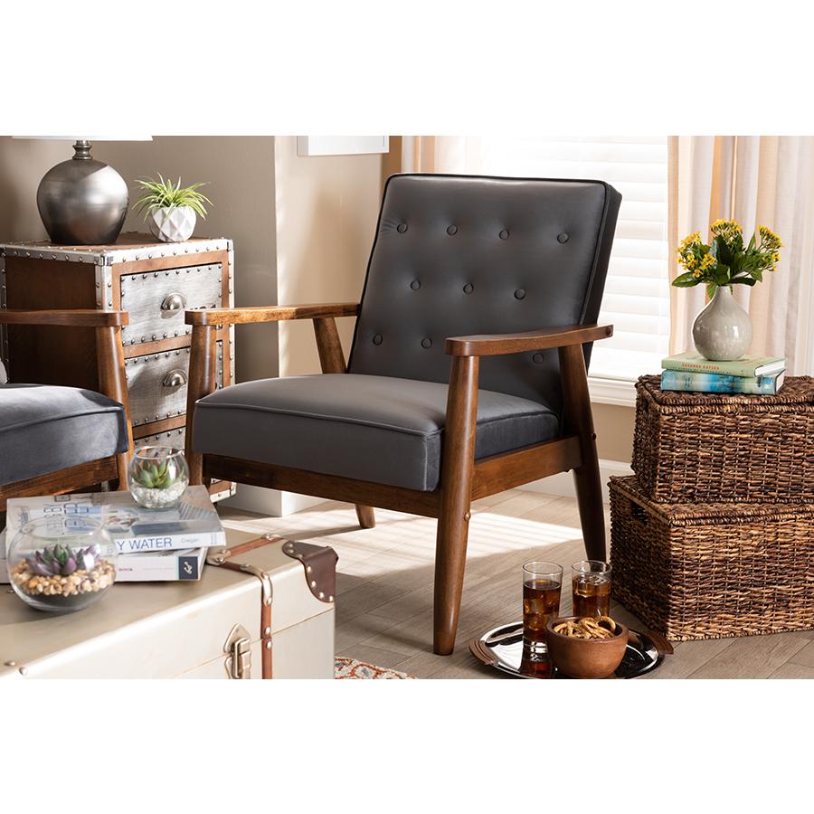 Baxton Studio Sorrento Mid-century Modern Grey Velvet Fabric Upholstered Walnut Finished Wooden Lounge Chair. Picture 17