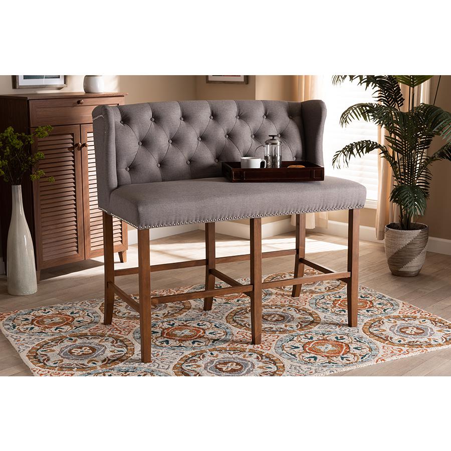 Grey Fabric Upholstered Walnut Finished Wood Button Tufted Bar Stool Bench. Picture 21