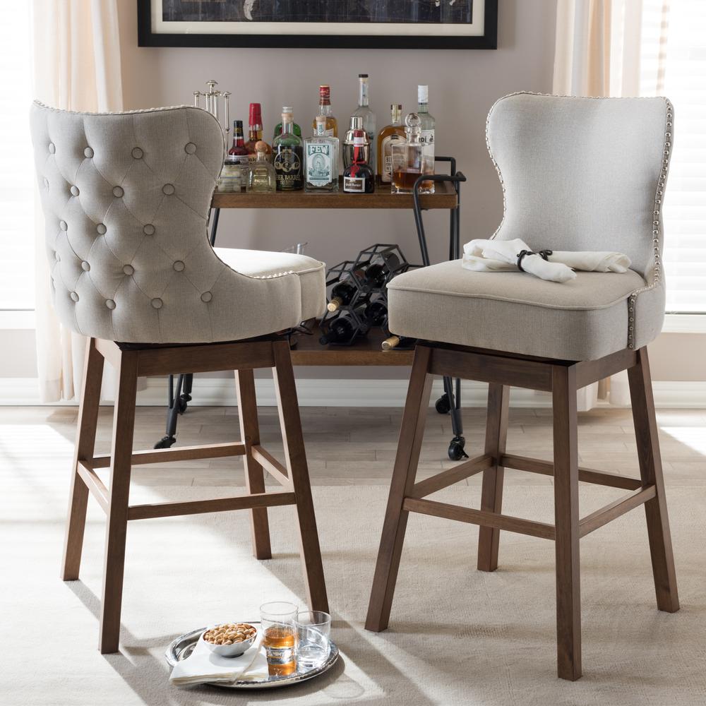 Light Beige Fabric Button-Tufted Upholstered 2-Piece Swivel Barstool Set. Picture 15