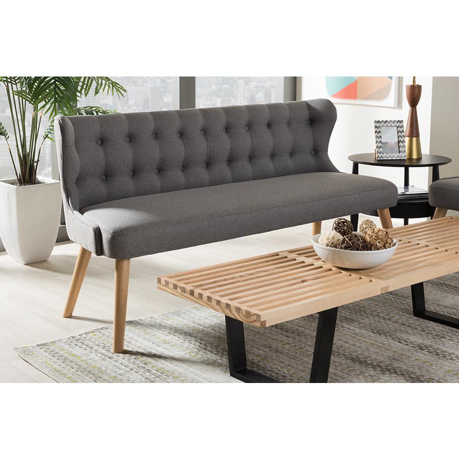 Grey Fabric and Natural Wood Finishing 3-Seater Settee Bench. Picture 17