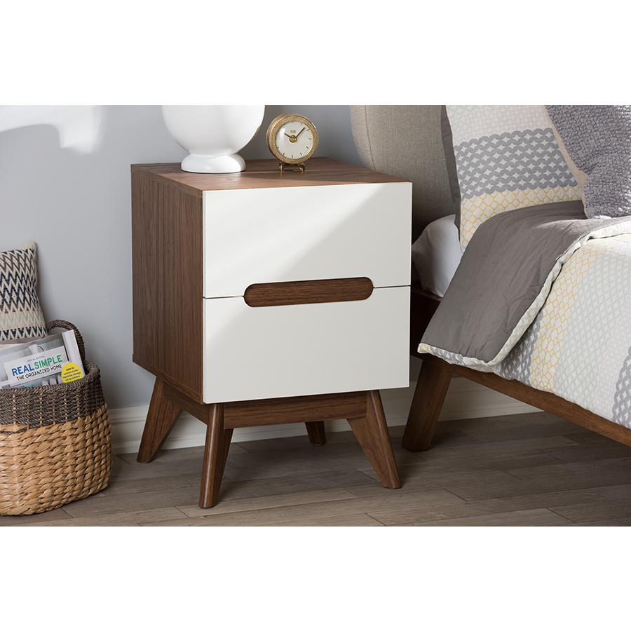 Calypso Mid-Century Modern White and Walnut Wood 3-Drawer Storage Nightstand. Picture 17