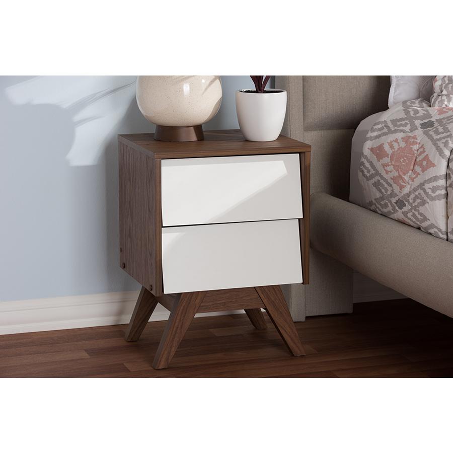 Hildon Mid-Century Modern White and Walnut Wood 2-Drawer Storage Nightstand. Picture 15