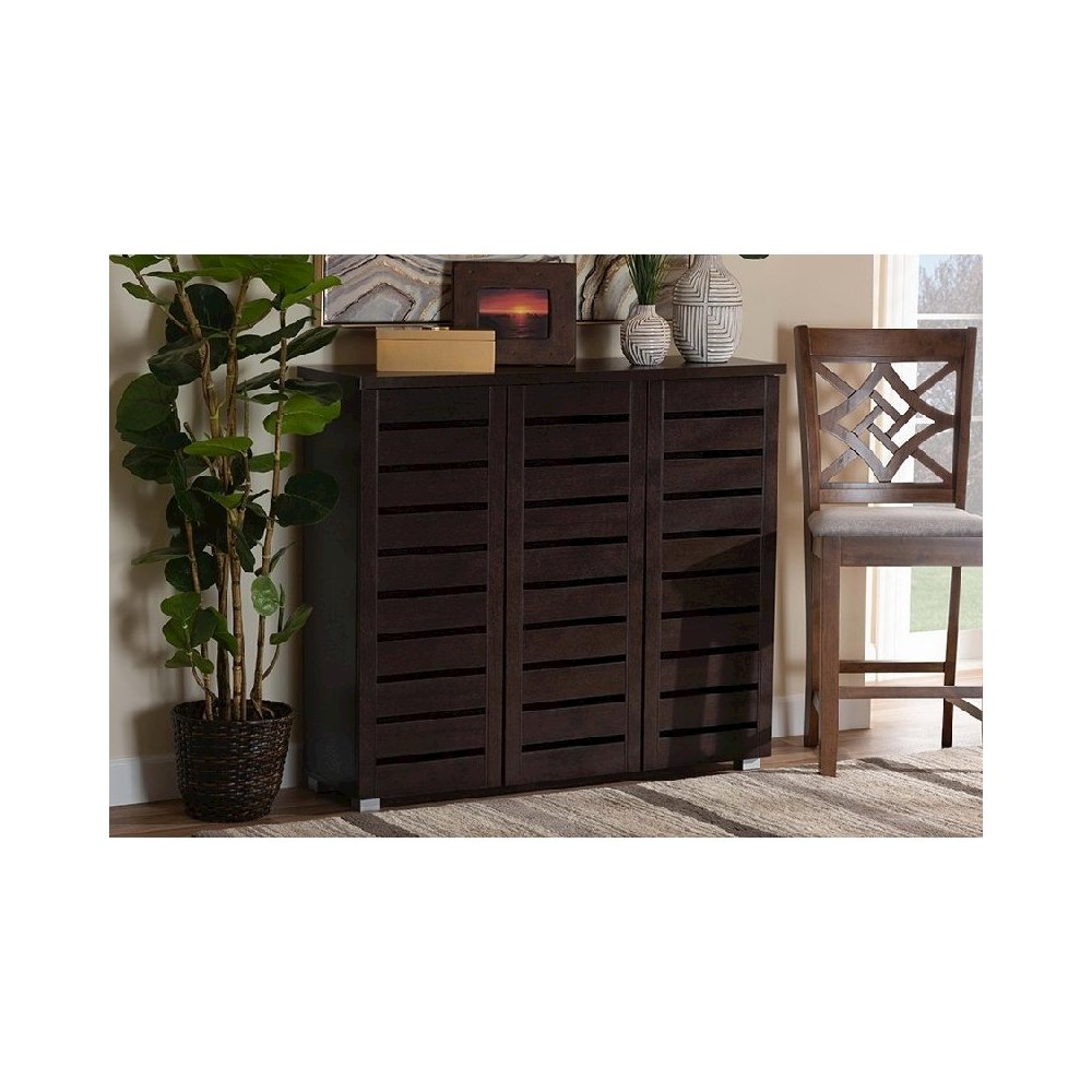3-Door Dark Brown Wooden Entryway Shoes Storage Cabinet. Picture 1