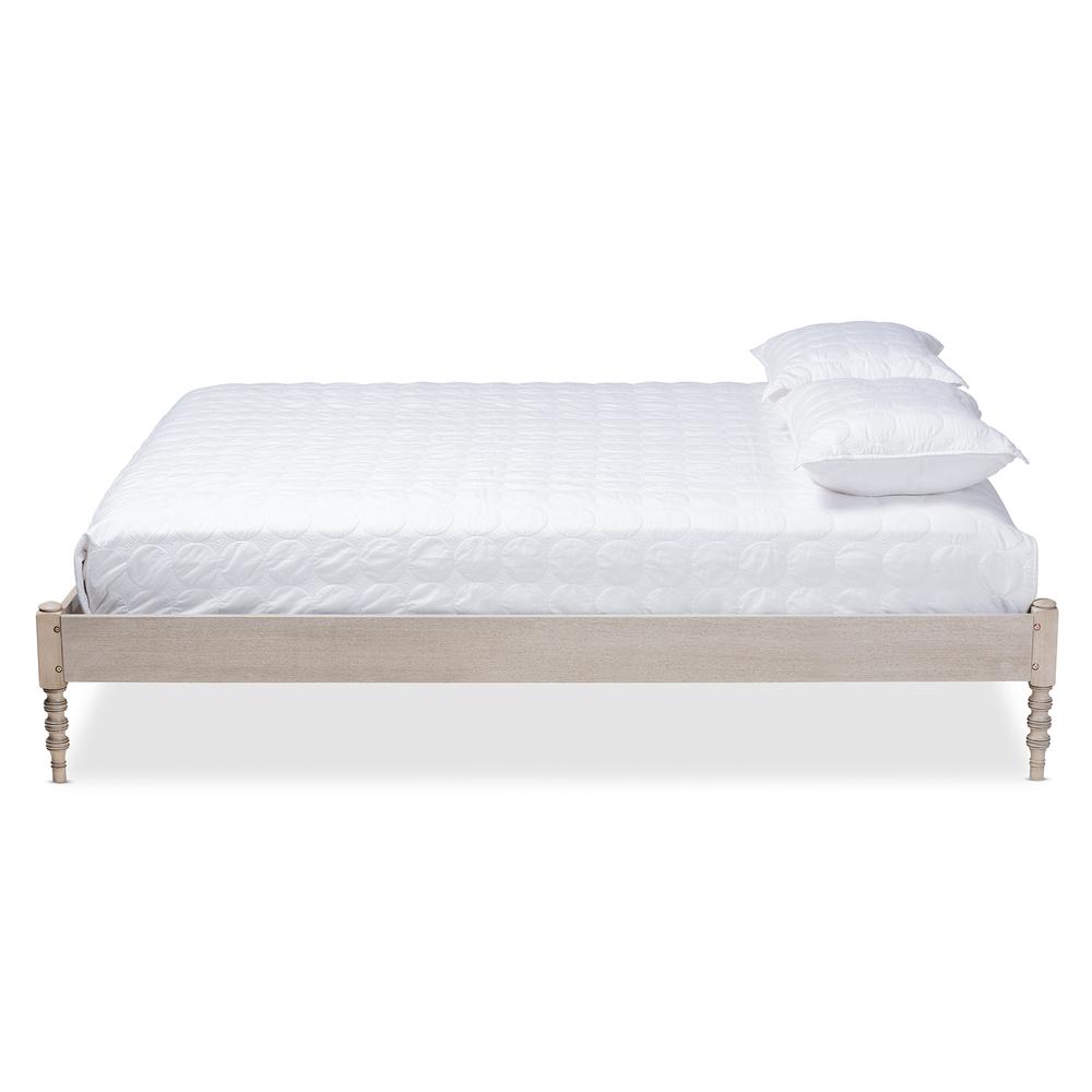 Bohemian Antique White Oak Finished Wood Queen Size Platform Bed Frame. Picture 11