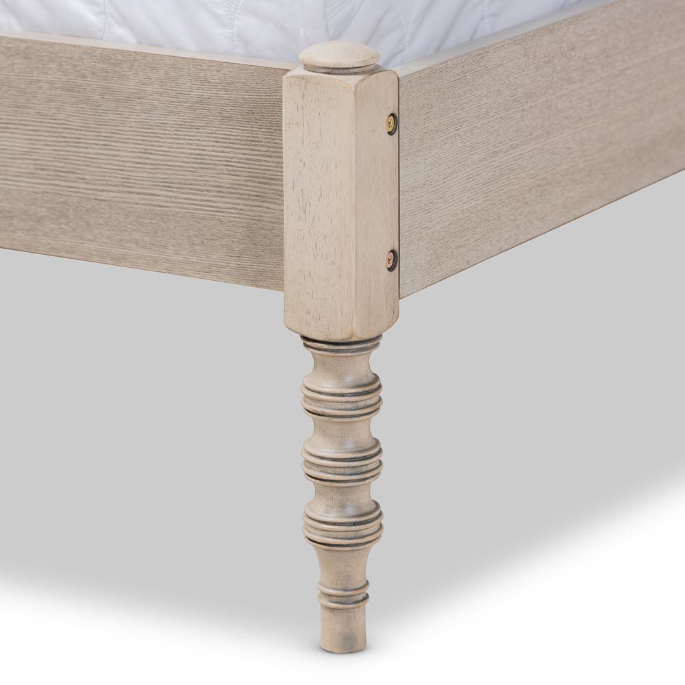 Bohemian Antique White Oak Finished Wood Queen Size Platform Bed Frame. Picture 13