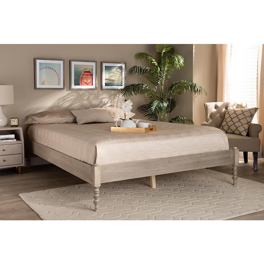 Bohemian Antique White Oak Finished Wood Queen Size Platform Bed Frame. Picture 5