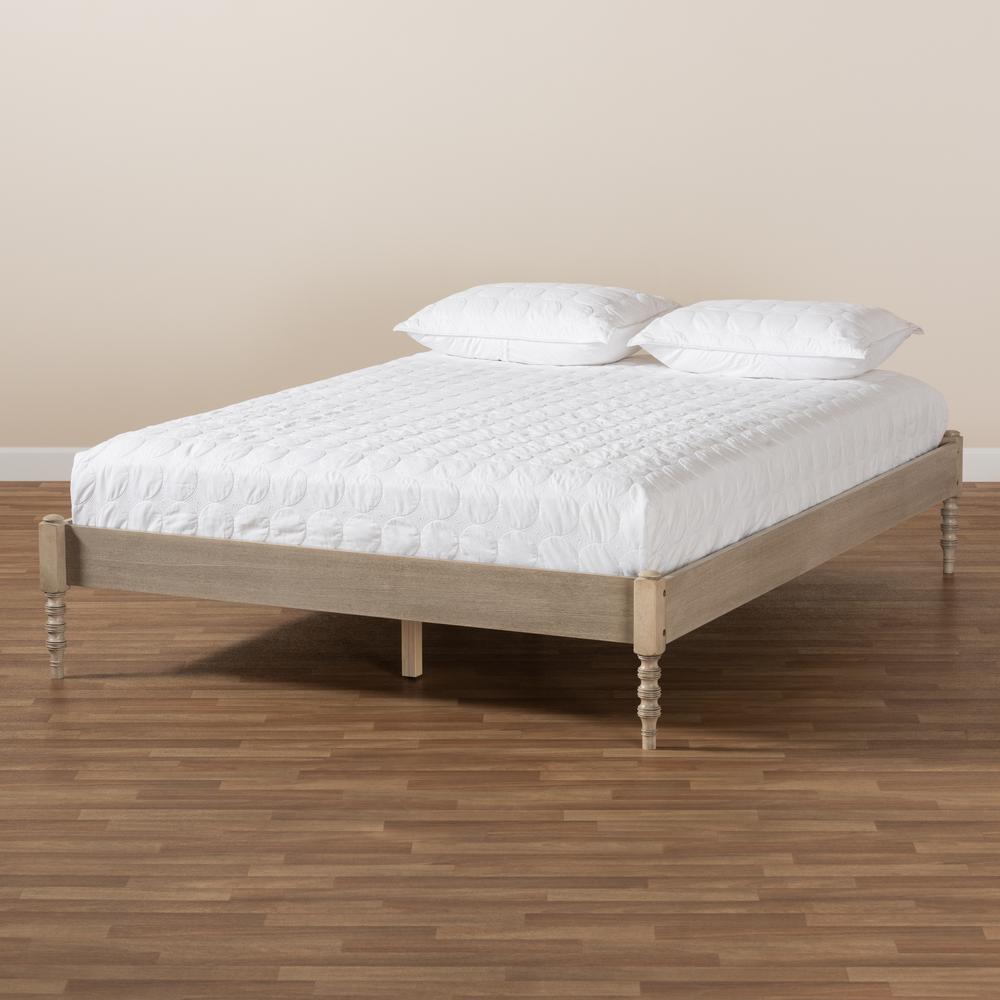 Bohemian Antique White Oak Finished Wood Queen Size Platform Bed Frame. Picture 15