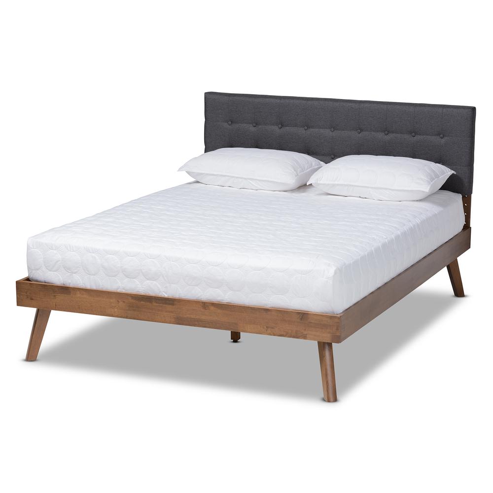 Dark Grey Fabric Upholstered Walnut Brown Finished Wood Queen Size Platform Bed. Picture 11