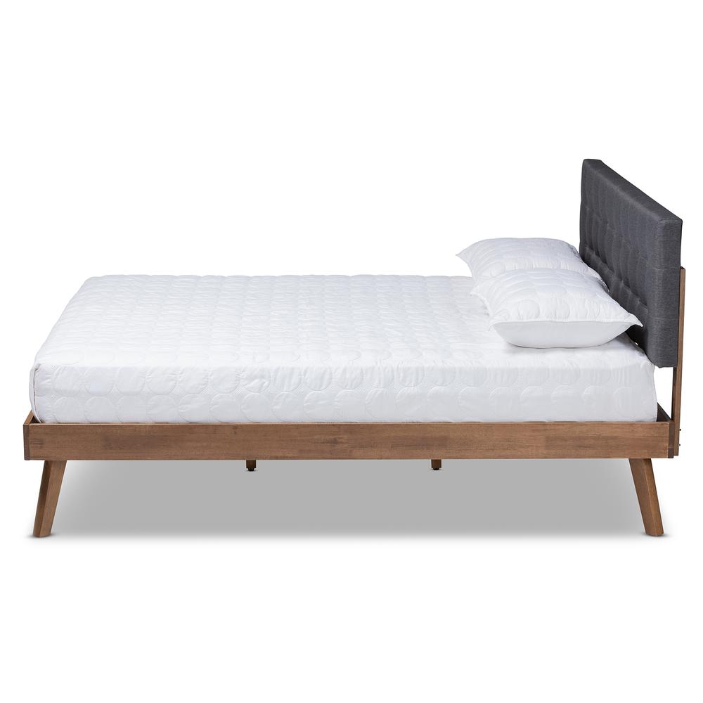 Dark Grey Fabric Upholstered Walnut Brown Finished Wood Queen Size Platform Bed. Picture 12