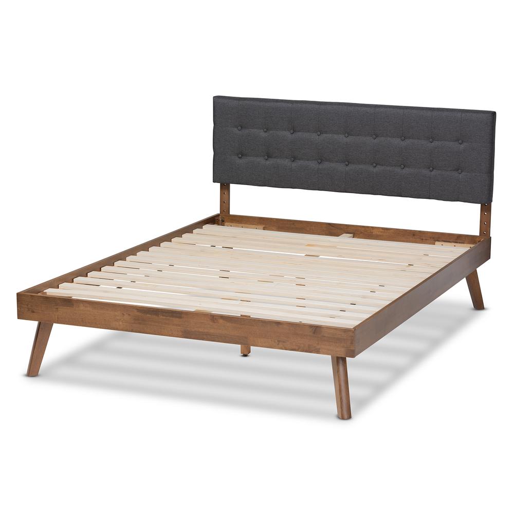 Dark Grey Fabric Upholstered Walnut Brown Finished Wood Queen Size Platform Bed. Picture 13