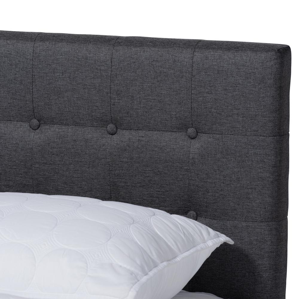 Dark Grey Fabric Upholstered Walnut Brown Finished Wood Queen Size Platform Bed. Picture 14