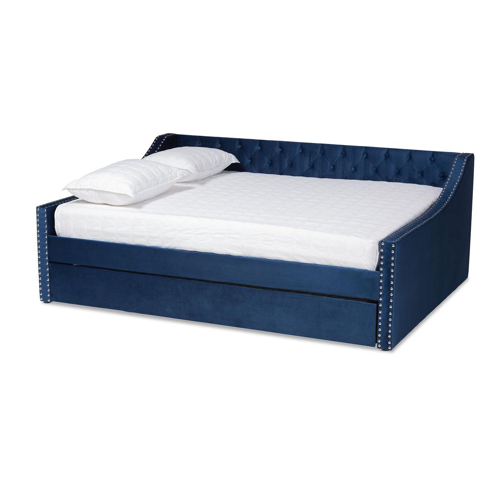 Navy Blue Velvet Fabric Upholstered Queen Size Daybed with Trundle. Picture 13