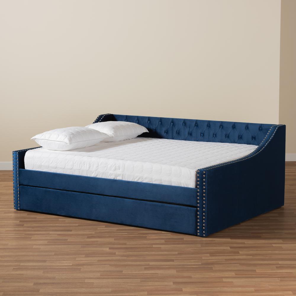 Navy Blue Velvet Fabric Upholstered Queen Size Daybed with Trundle. Picture 22