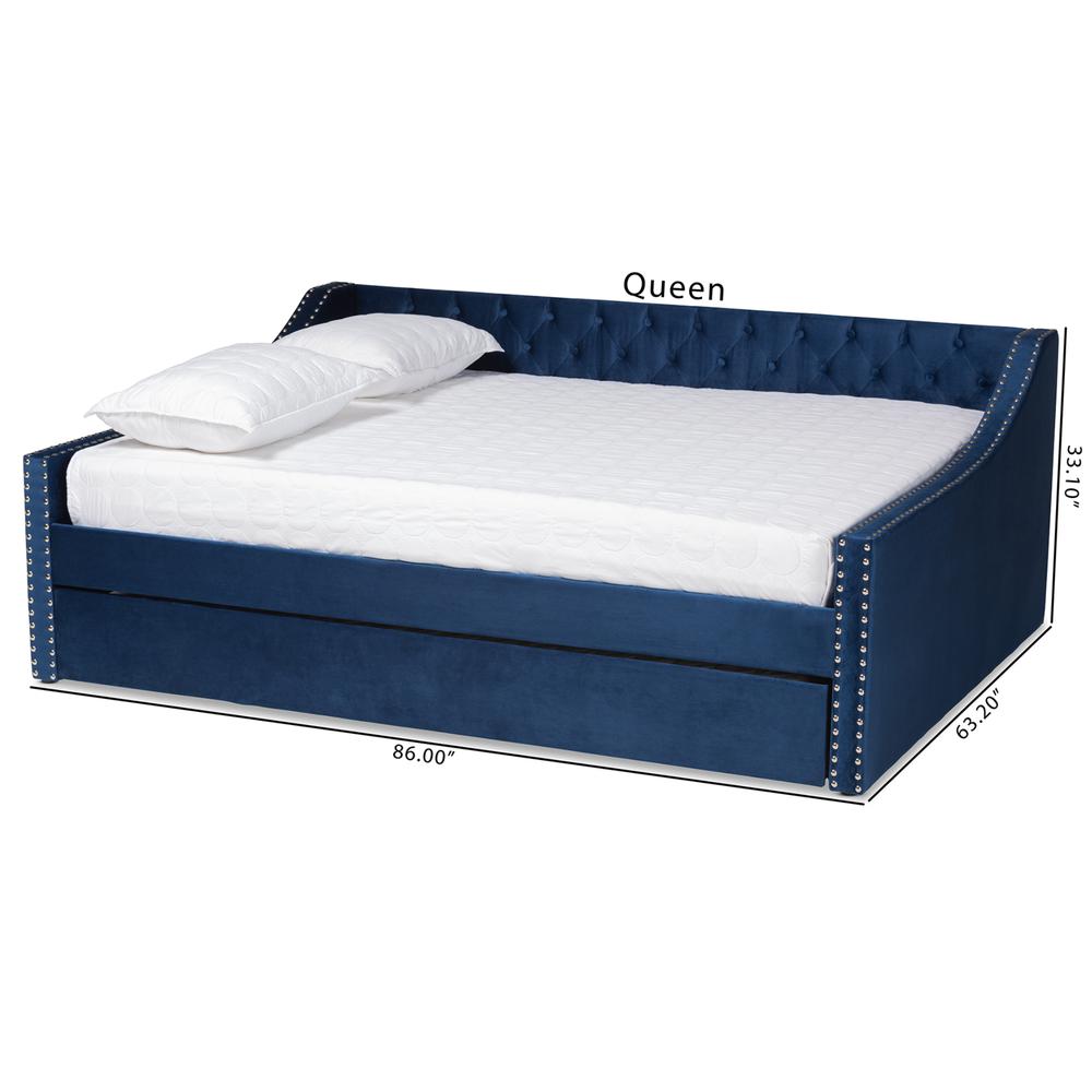 Navy Blue Velvet Fabric Upholstered Queen Size Daybed with Trundle. Picture 24