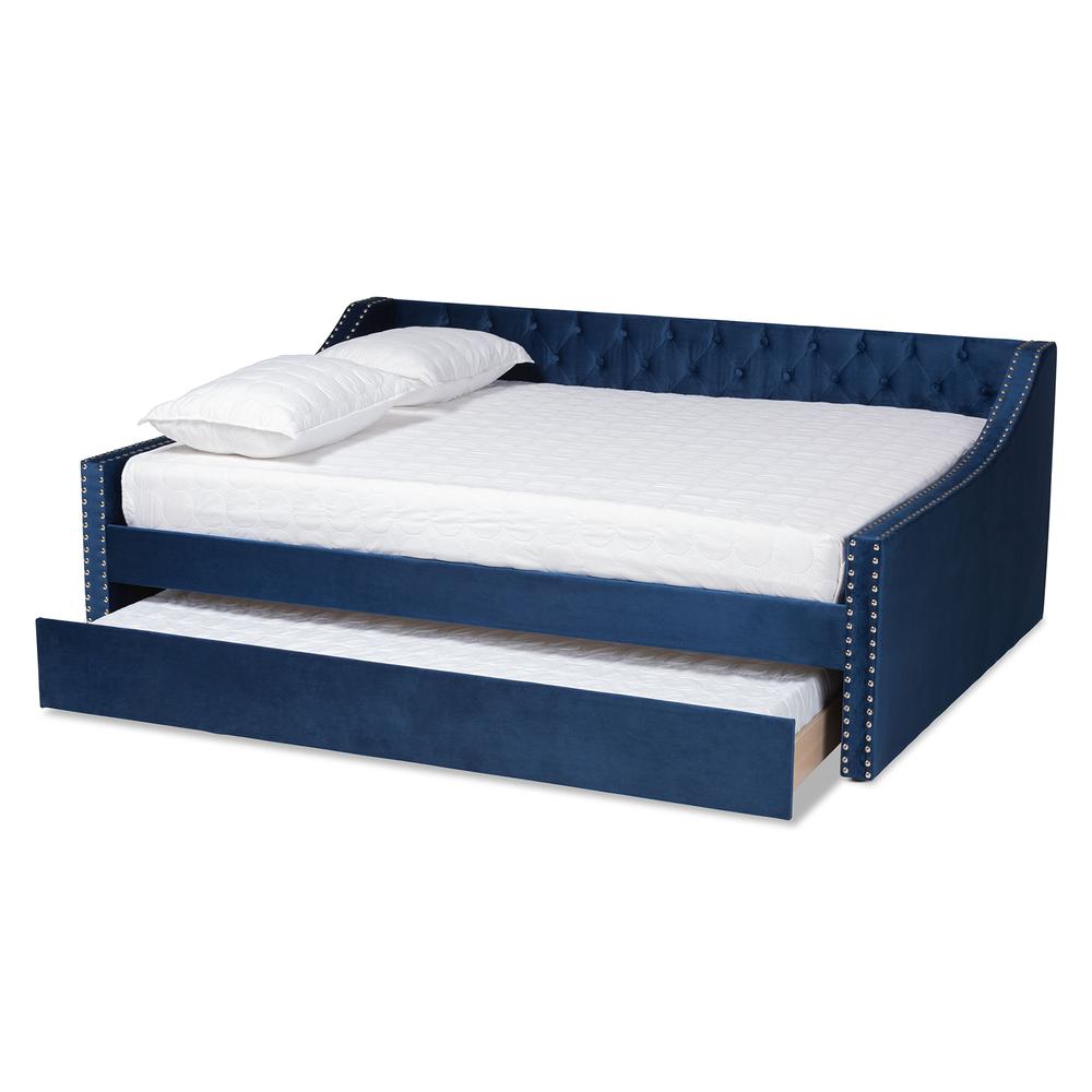 Navy Blue Velvet Fabric Upholstered Queen Size Daybed with Trundle. Picture 14