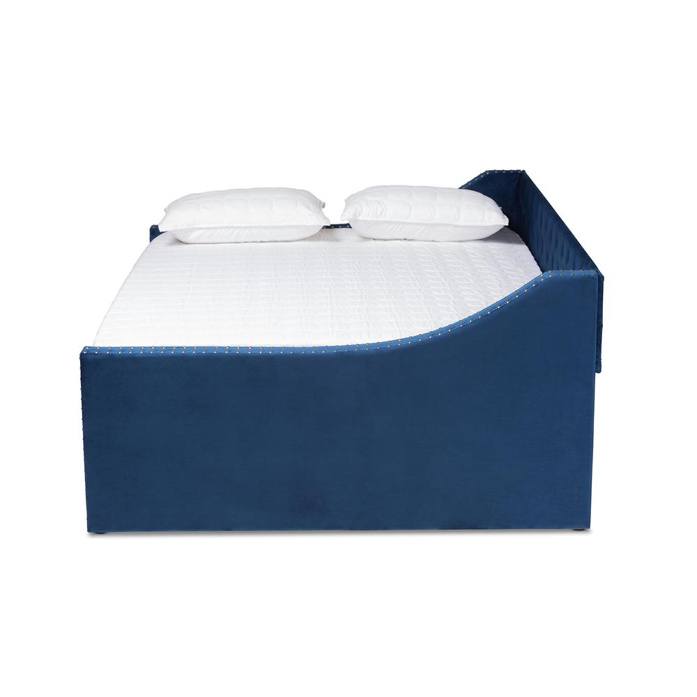 Navy Blue Velvet Fabric Upholstered Queen Size Daybed with Trundle. Picture 15