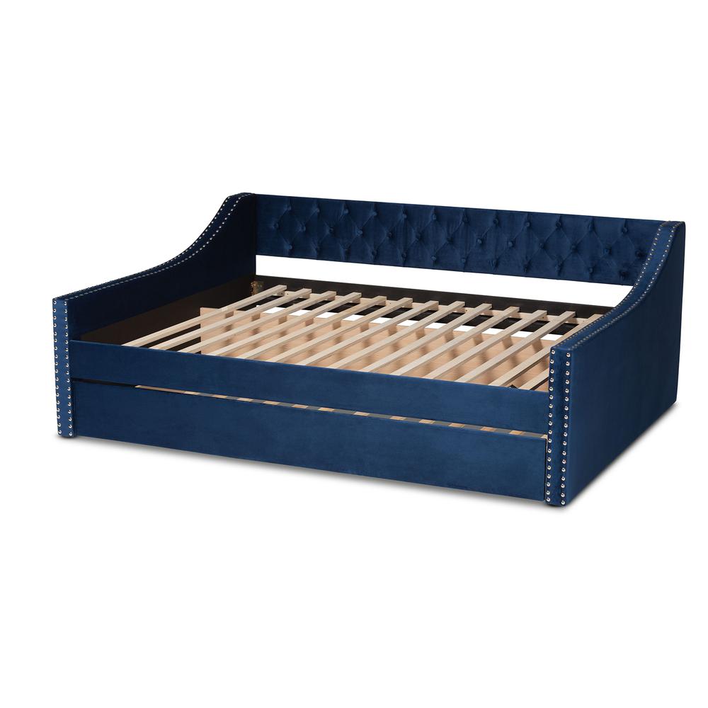 Navy Blue Velvet Fabric Upholstered Queen Size Daybed with Trundle. Picture 16