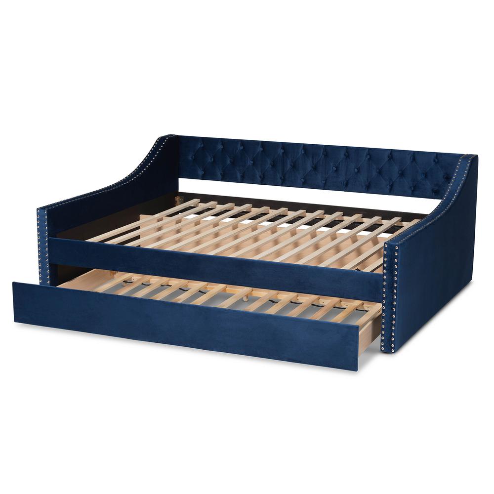 Navy Blue Velvet Fabric Upholstered Queen Size Daybed with Trundle. Picture 17
