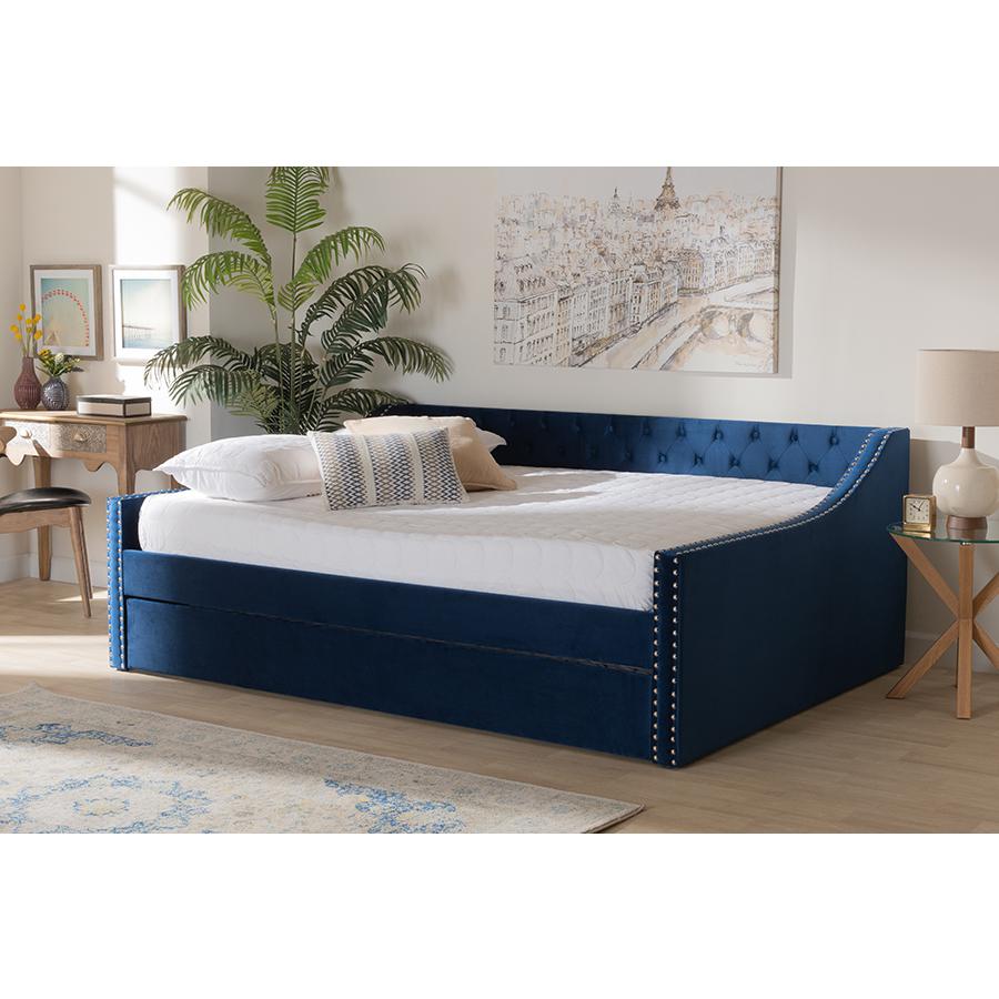 Navy Blue Velvet Fabric Upholstered Queen Size Daybed with Trundle. Picture 8