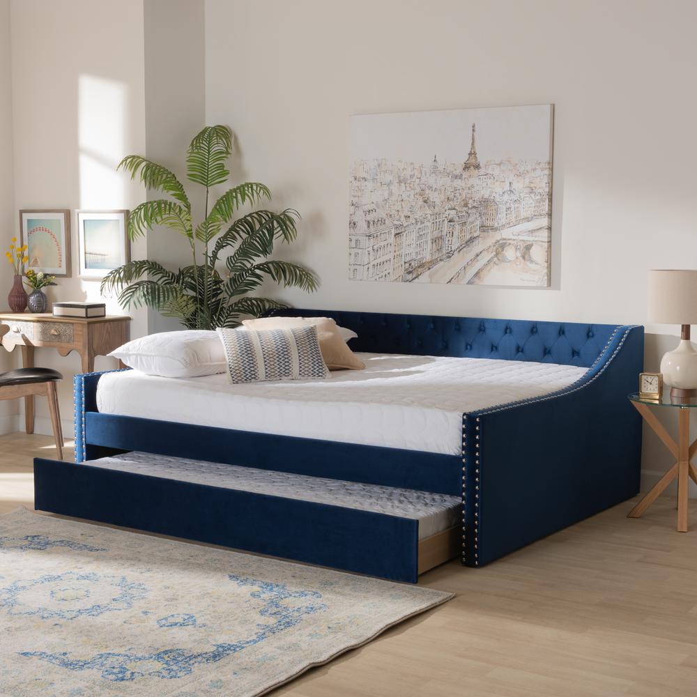 Navy Blue Velvet Fabric Upholstered Queen Size Daybed with Trundle. Picture 21