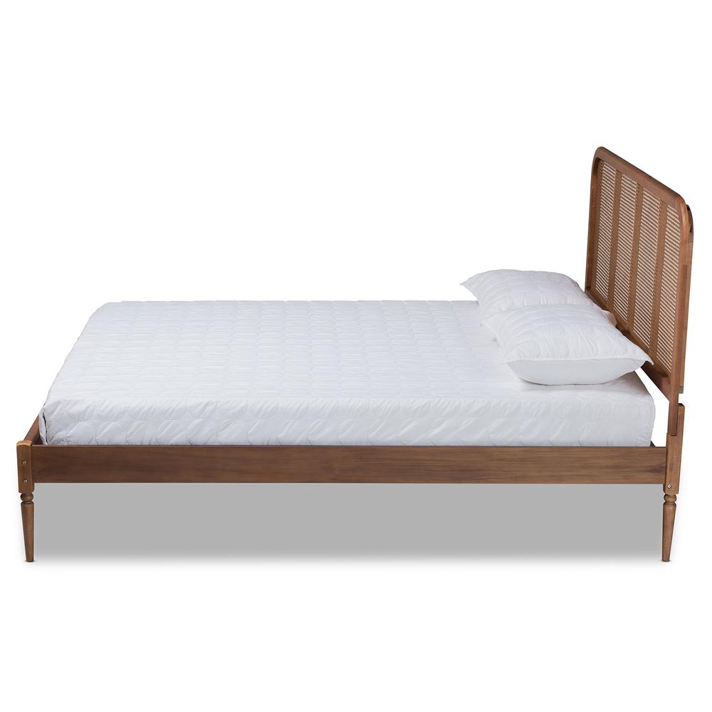 Walnut Brown Finished Wood and Synthetic Rattan Queen Size Platform Bed. Picture 13