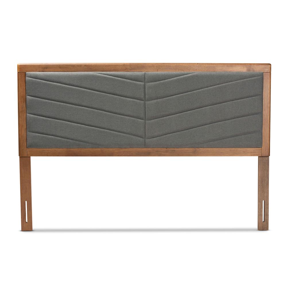 Dark Grey Fabric Upholstered and Walnut Brown Finished Wood King Size Headboard. Picture 11