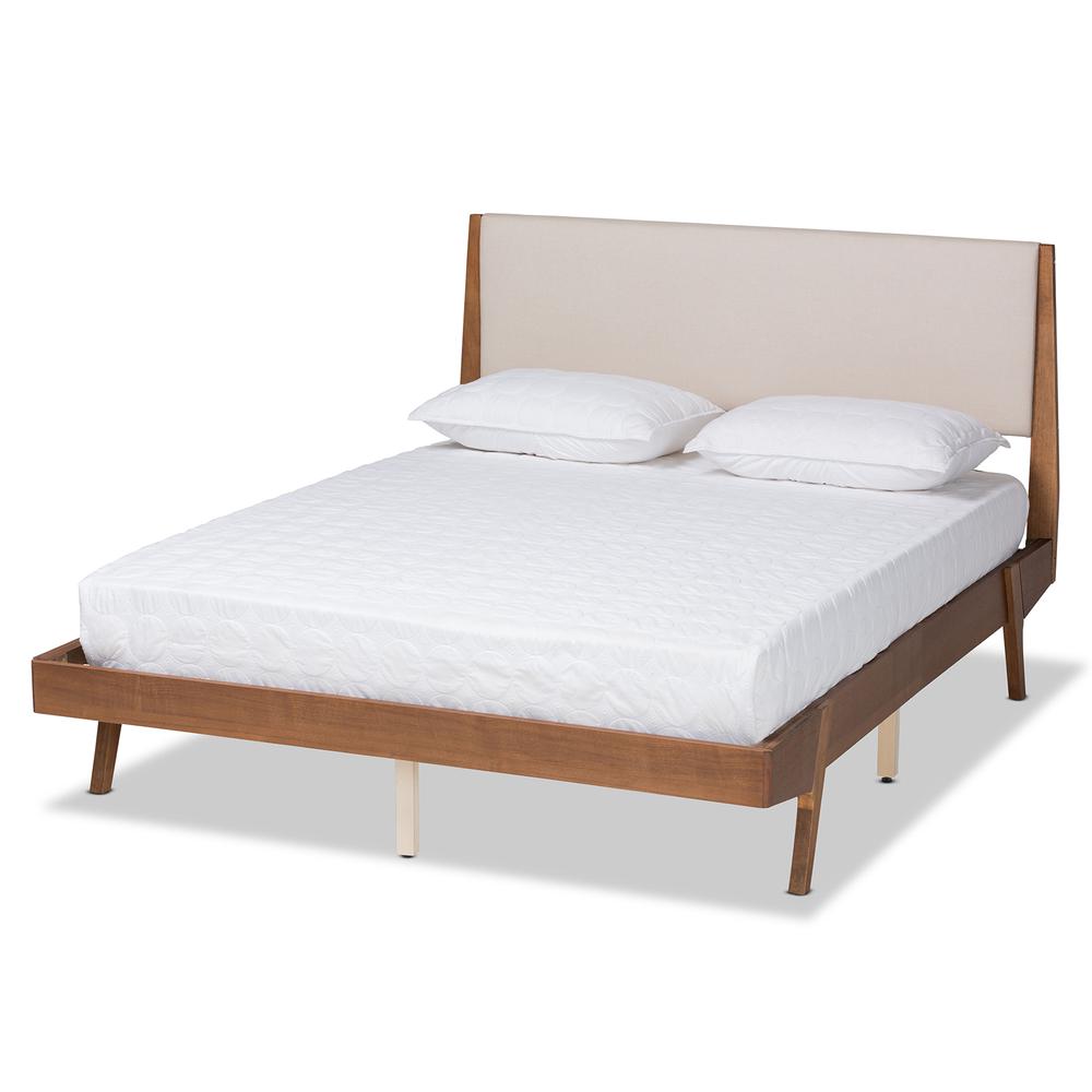 Beige Fabric Upholstered and Walnut Brown Finished Wood Queen Size Platform Bed. Picture 12