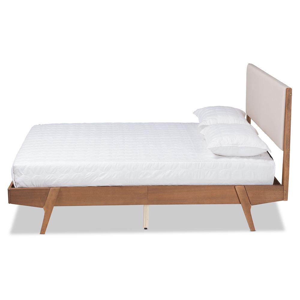 Beige Fabric Upholstered and Walnut Brown Finished Wood Queen Size Platform Bed. Picture 13