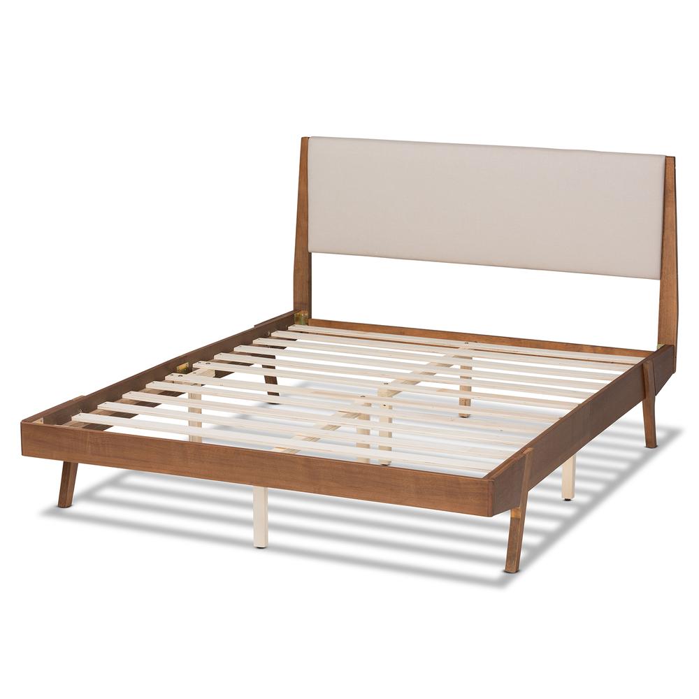 Beige Fabric Upholstered and Walnut Brown Finished Wood Queen Size Platform Bed. Picture 14