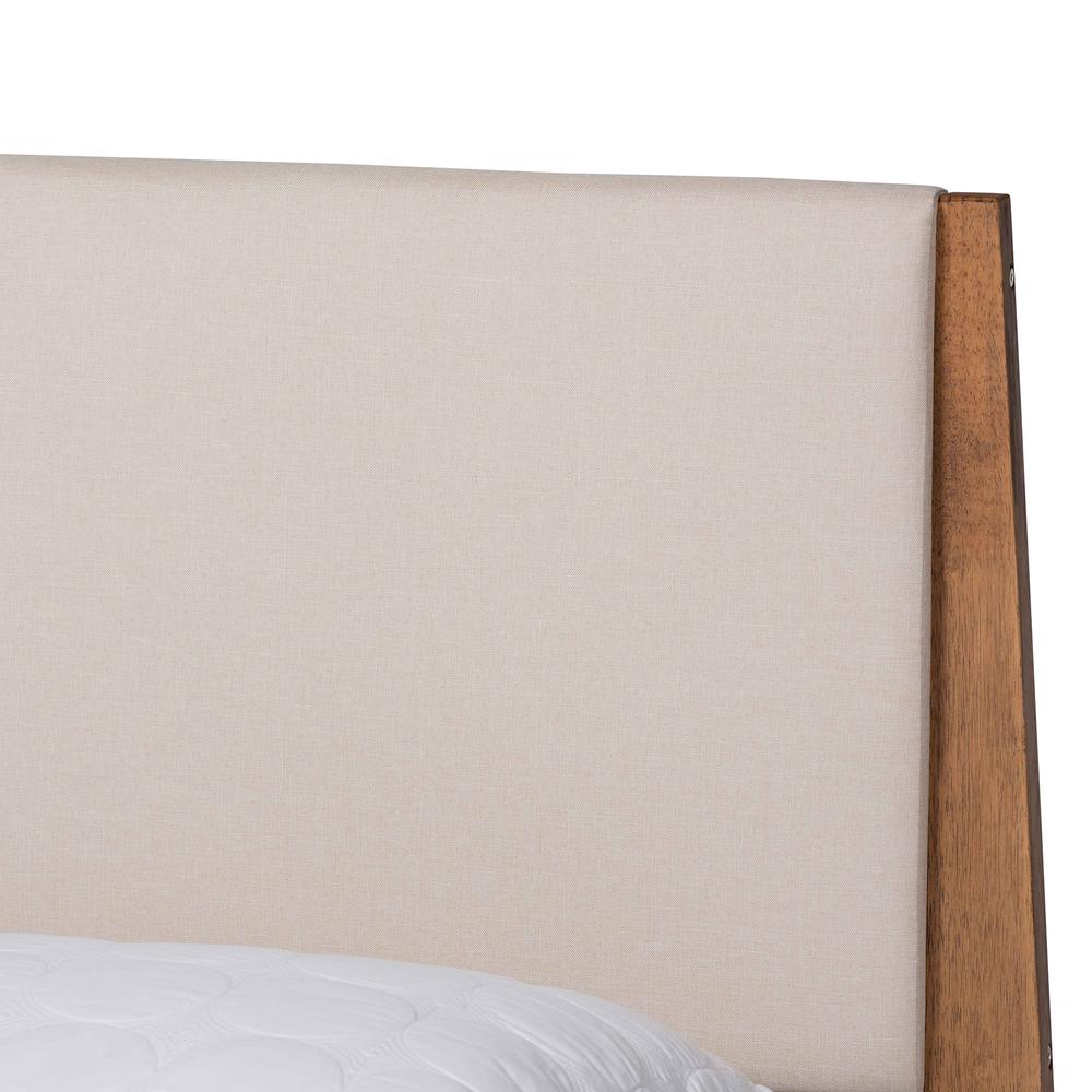 Beige Fabric Upholstered and Walnut Brown Finished Wood Queen Size Platform Bed. Picture 15
