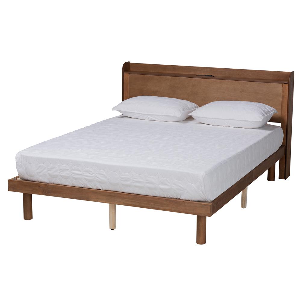 Walnut Brown Finished Wood Queen Size Platform Bed with Charging Station. Picture 12