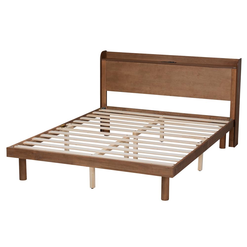 Walnut Brown Finished Wood Queen Size Platform Bed with Charging Station. Picture 14