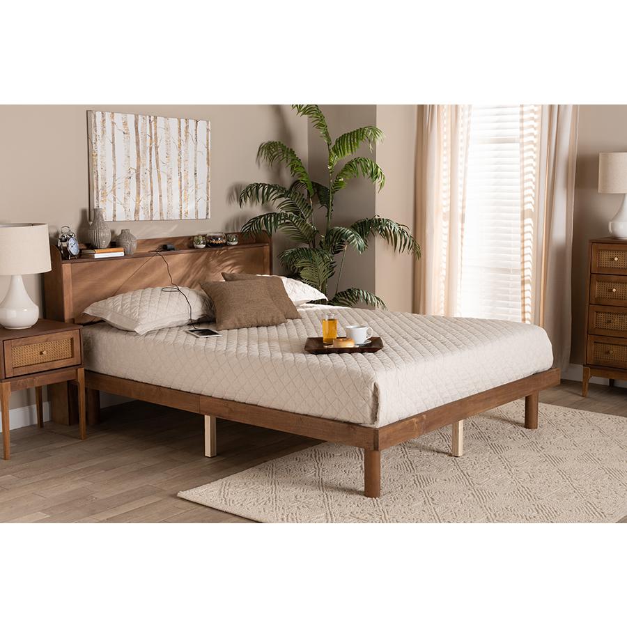 Walnut Brown Finished Wood Queen Size Platform Bed with Charging Station. Picture 8