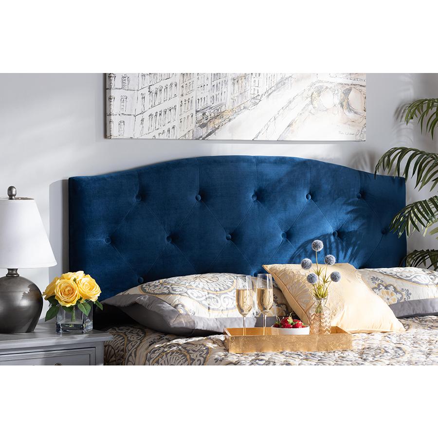Navy Blue Velvet Fabric Upholstered Queen Size Headboard. Picture 4