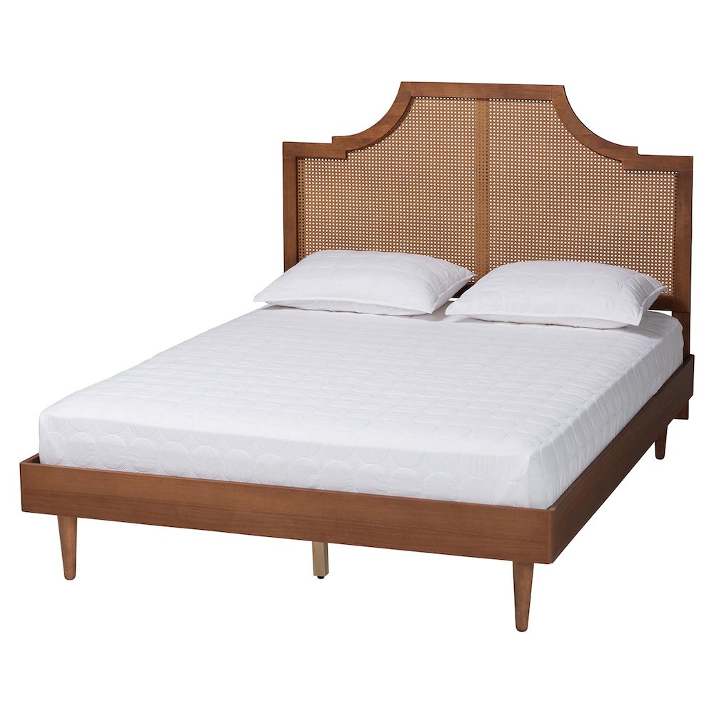 Macaria Mid-Century Modern Ash Walnut Woven Rattan King Size Bed. Picture 12