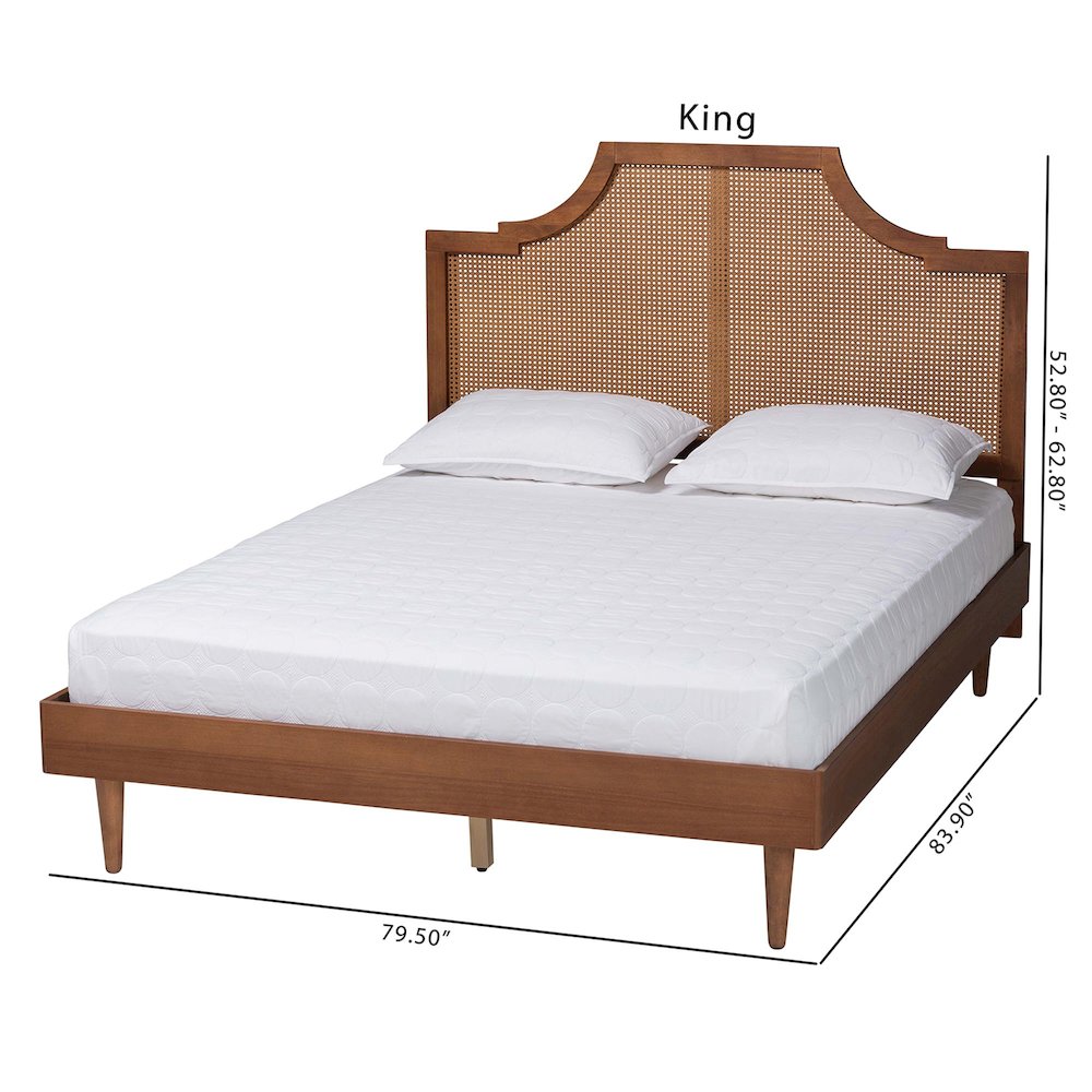 Macaria Mid-Century Modern Ash Walnut Woven Rattan King Size Bed. Picture 21