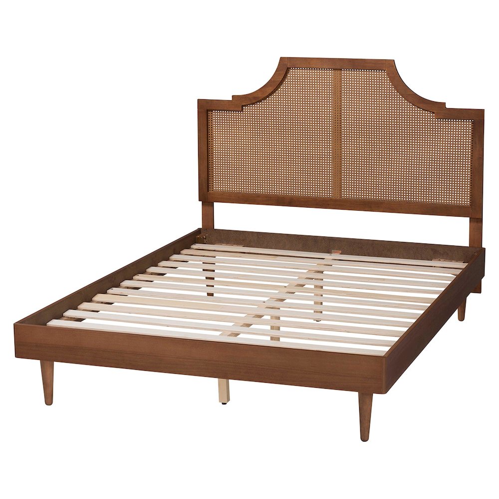 Macaria Mid-Century Modern Ash Walnut Woven Rattan King Size Bed. Picture 14