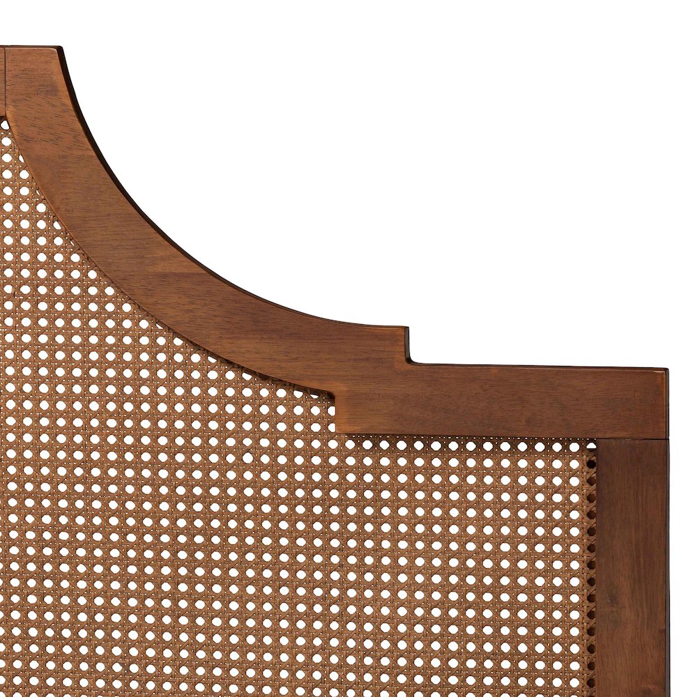 Macaria Mid-Century Modern Ash Walnut Woven Rattan King Size Bed. Picture 15