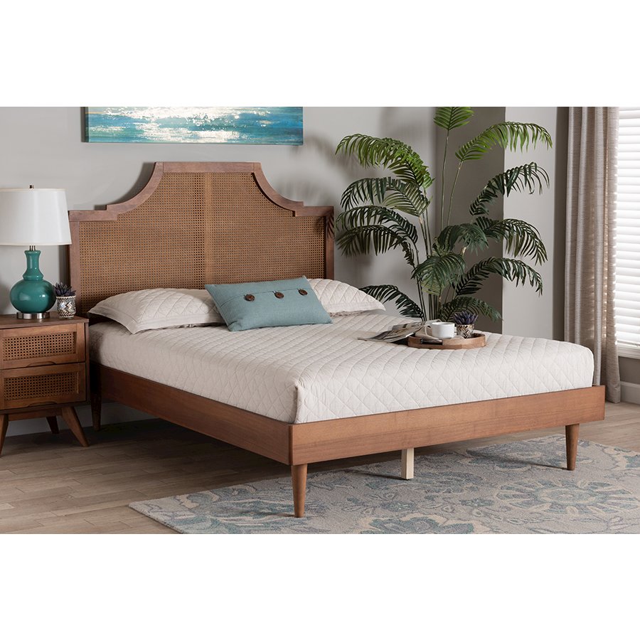Macaria Mid-Century Modern Ash Walnut Woven Rattan King Size Bed. Picture 7