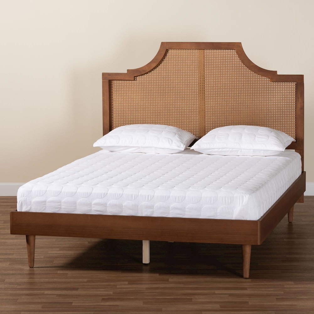 Macaria Mid-Century Modern Ash Walnut Woven Rattan King Size Bed. Picture 19