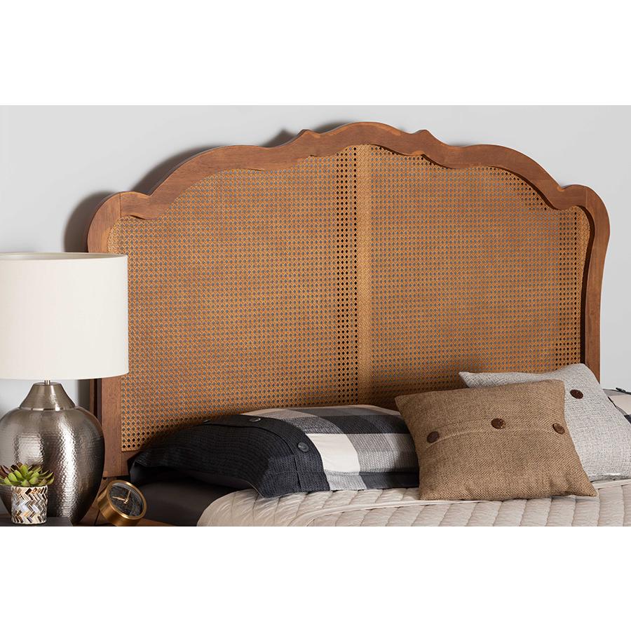 Traditional Ash Walnut Finished Wood Queen Size Headboard with Rattan. Picture 5