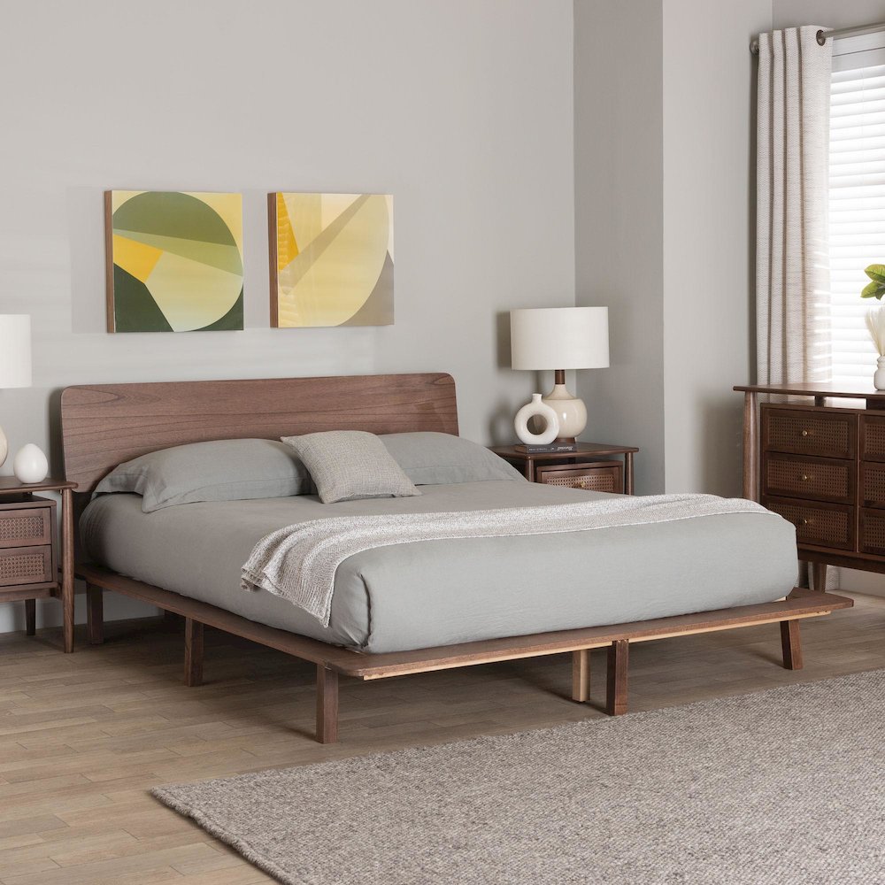 Studio Alyssa Japandi Walnut Brown Wood King Size Platform Bed. Picture 11