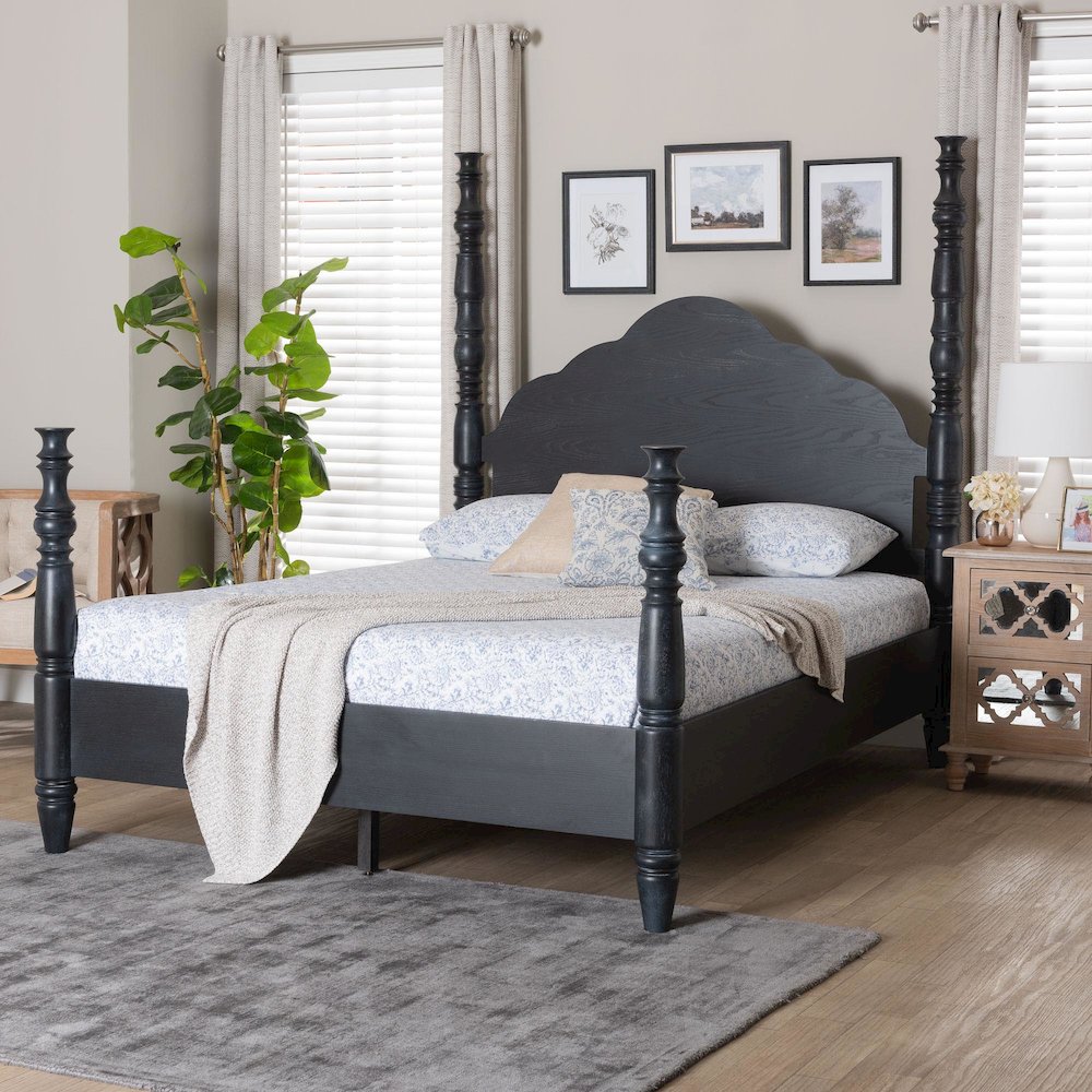 Four-Poster Platform Bed - Sculpted Post Bed Frame, Black, King. Picture 10