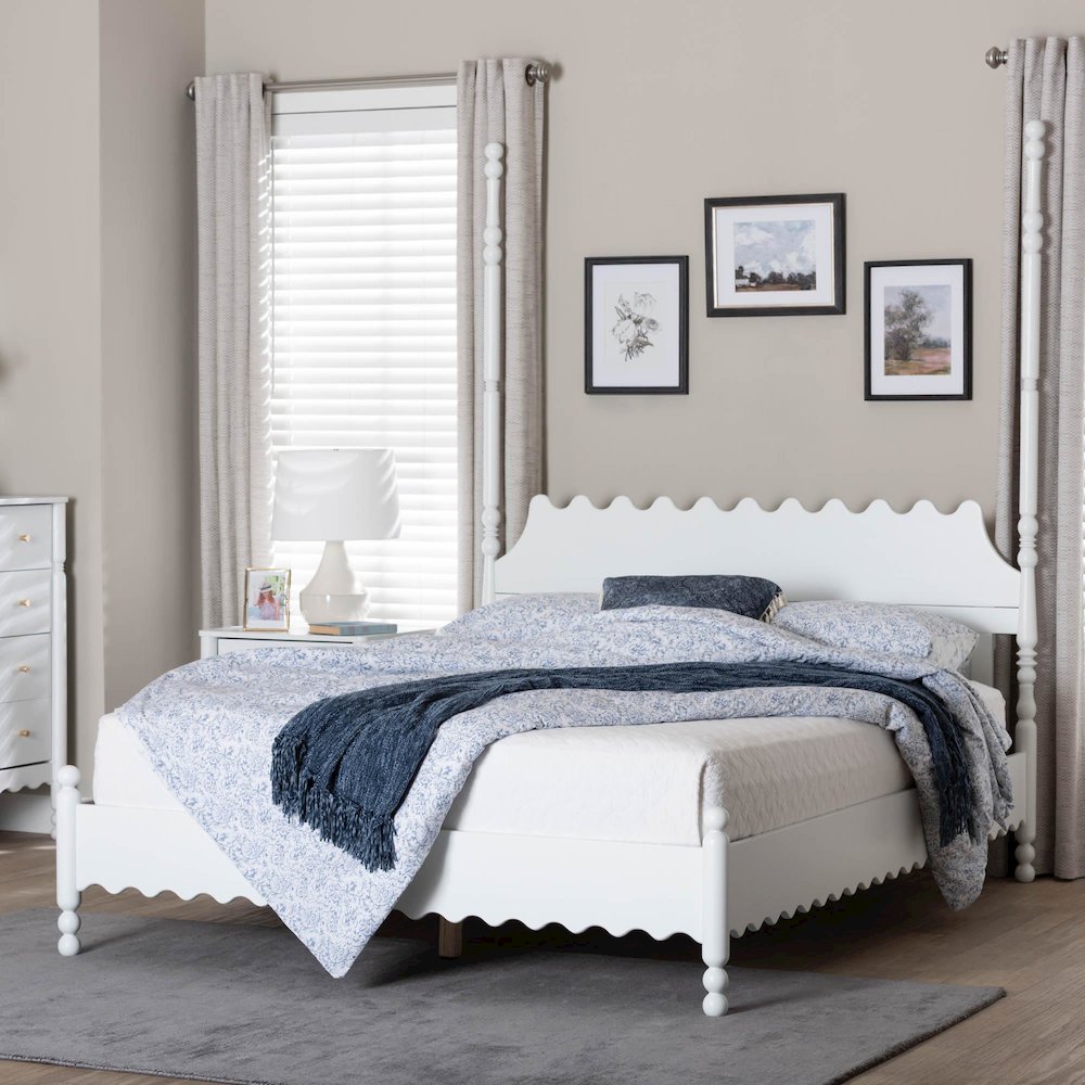 Platform Bed Frame with Scalloped Design and Turned Posts, White, King. Picture 8