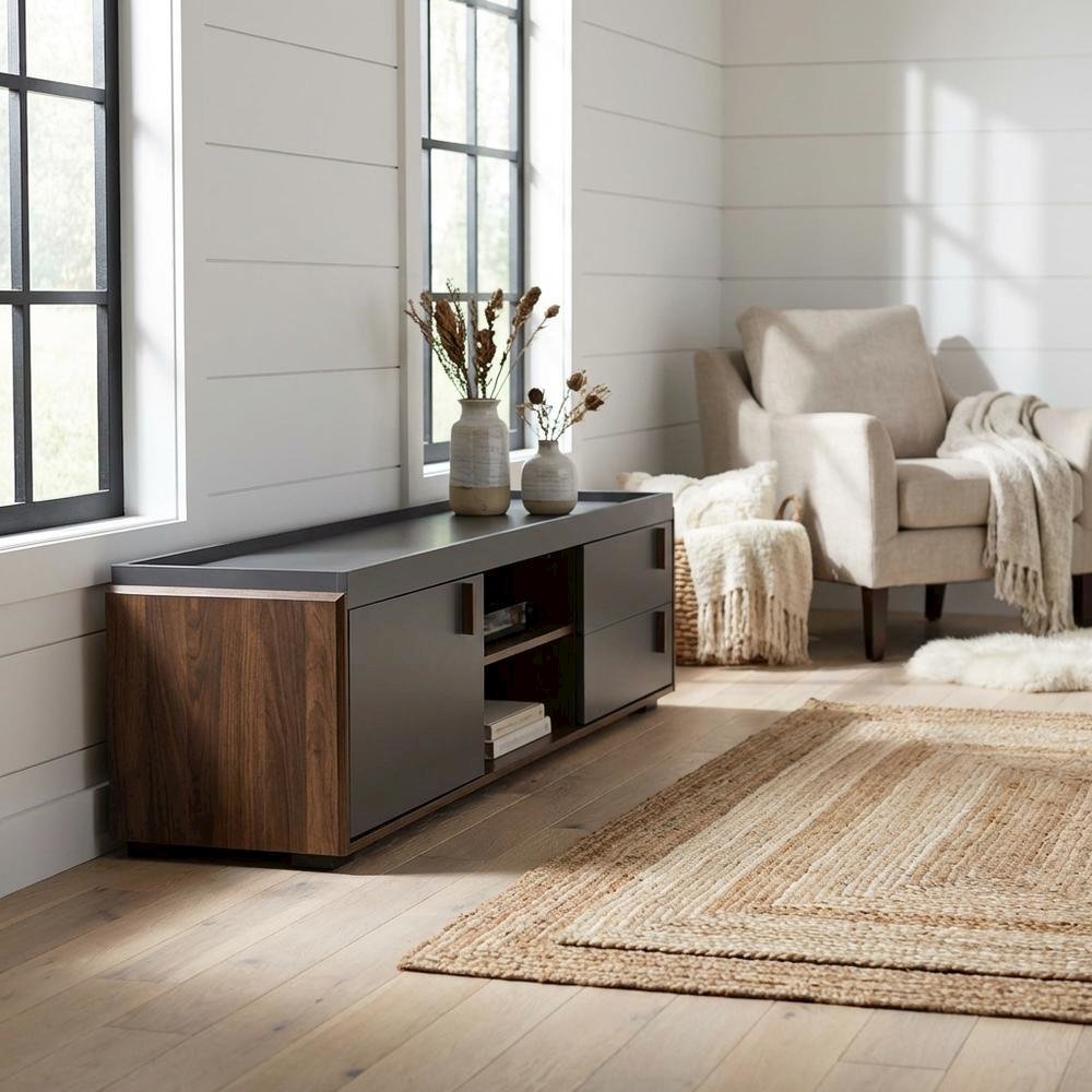 Gray and Walnut Two-Tone Wood TV Stand with Contemporary Style. Picture 2