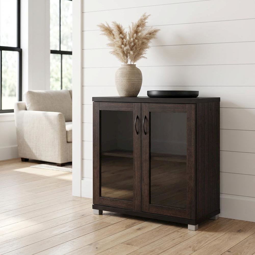 Dark Brown Sideboard Storage Cabinet With Glass Doors For Contemporary Living. Picture 2