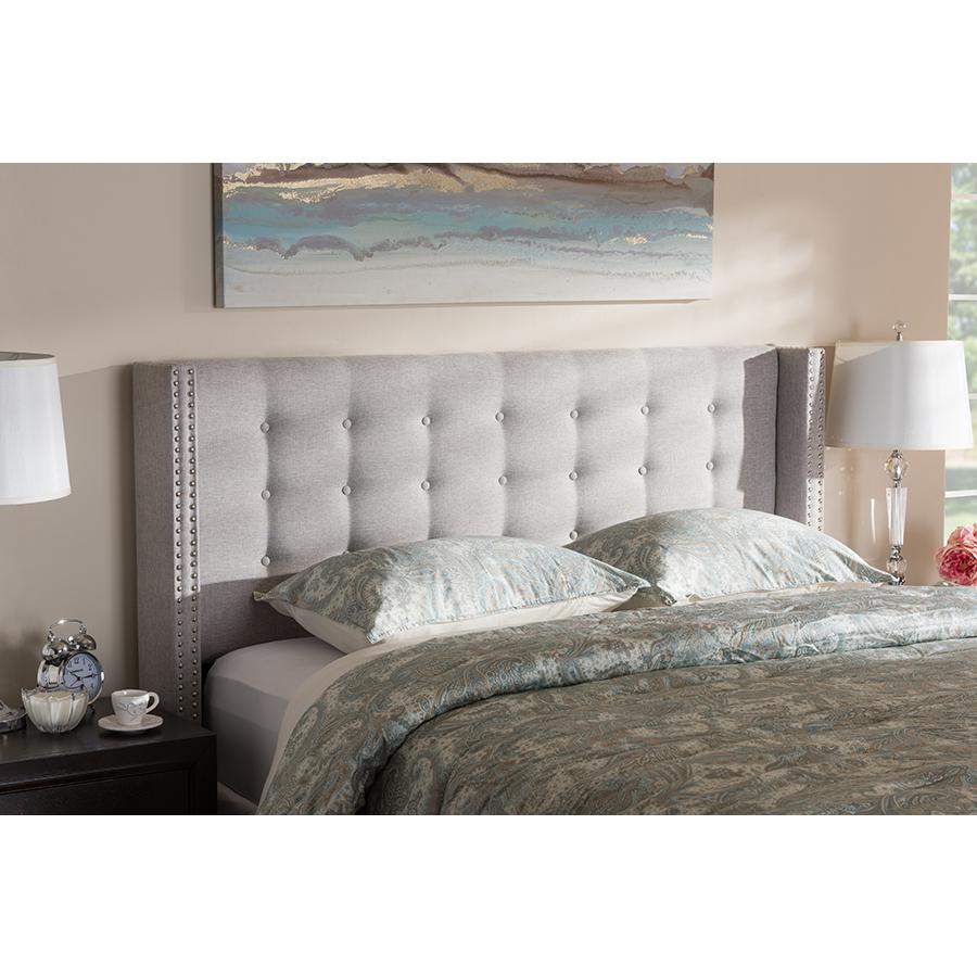 Greyish Beige Fabric Button-Tufted Nail head King Size Winged Headboard. Picture 4