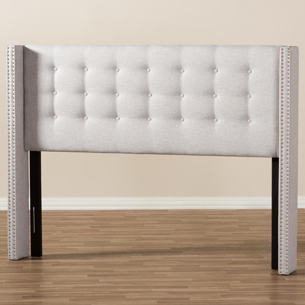 Greyish Beige Fabric Button-Tufted Nail head King Size Winged Headboard. Picture 11